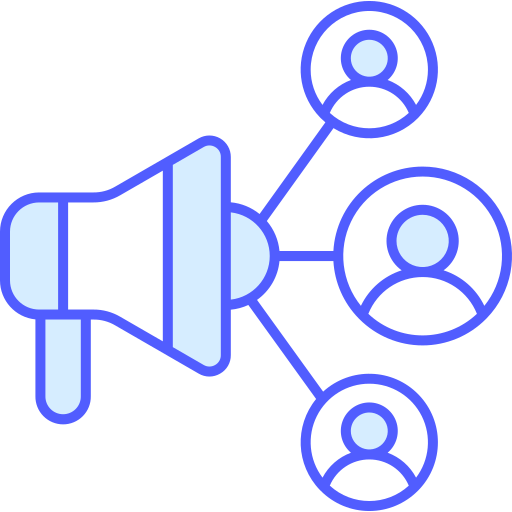 Illustration of a megaphone amplifying towards three user icons, symbolizing social media outreach.